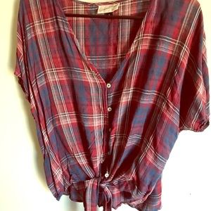 Plaid button down tie front shirt